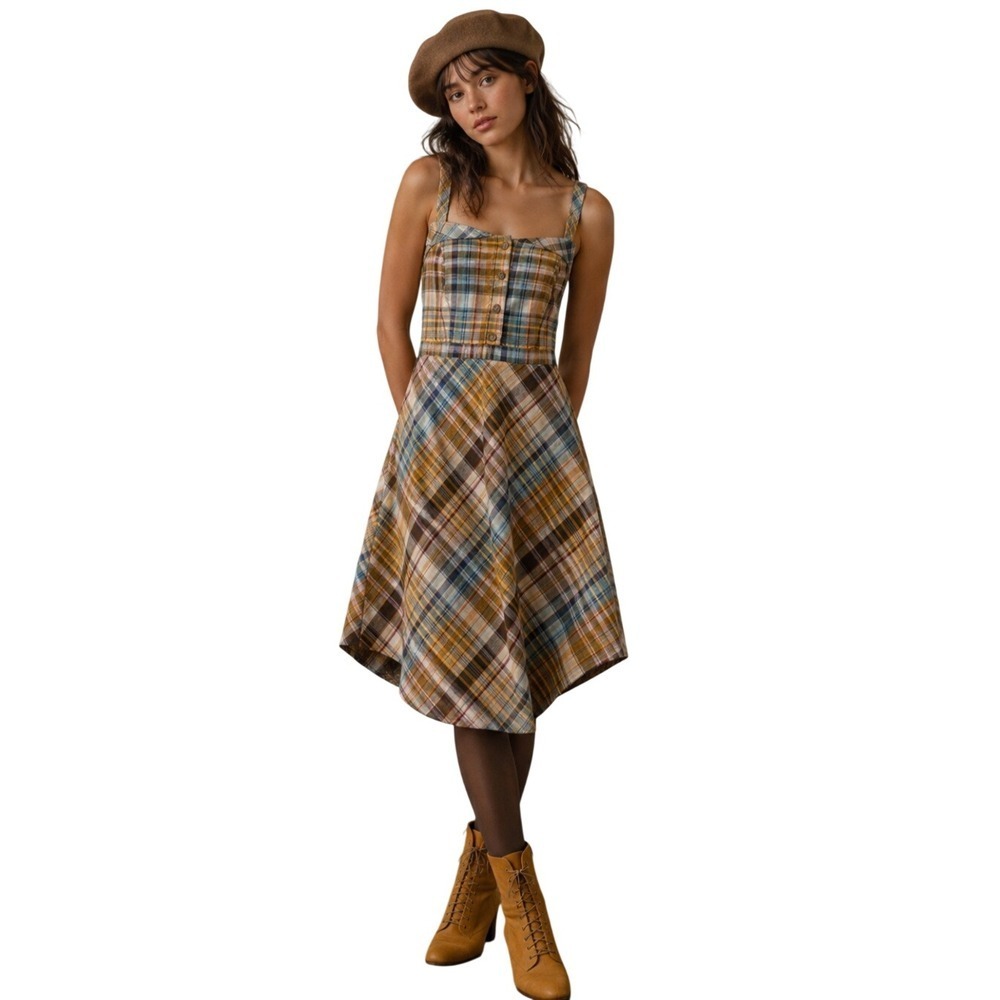 Vintage Y2K Old Navy Whimsigoth Yellwo & Blue Plaid Linen Midi Dress